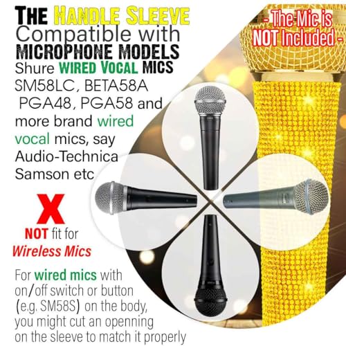 RhymKawa B58 Gold Mic Sleeve Replacement for Universal Vocal Wired Microphone SM58LC Beta 58a, Golden Rhinestones Cover Shining on Wedding Christmas Party Tours TV Shows (Mic Not Included) - Image 3