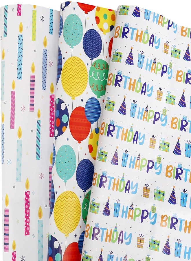 BULKYTREE Birthday Wrapping Paper for Boys Girls Kids Men Women Holiday Party - 3 Large Sheets Colorful Balloon 'Happy Birthday' Candles Gift Wrap - 27 Inch X 39.4 Inch Per Sheet - Image 1