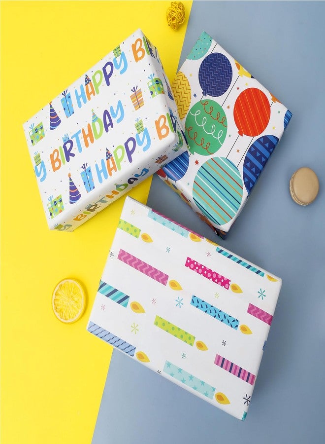 BULKYTREE Birthday Wrapping Paper for Boys Girls Kids Men Women Holiday Party - 3 Large Sheets Colorful Balloon 'Happy Birthday' Candles Gift Wrap - 27 Inch X 39.4 Inch Per Sheet - Image 4