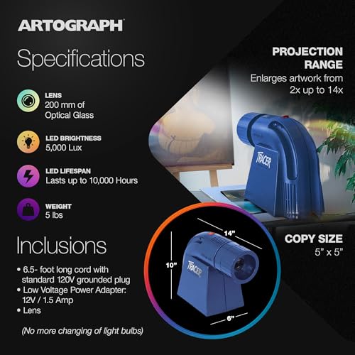 Artograph LED Tracer Opaque Art Projector, 2X to 14X Image & Artwork Enlargement - Portable & Light for Wall Art, Murals, Drawing, Sketching, Pattern Tracing, Crafts and Learning, 5" x 5" Copy Size - Image 4