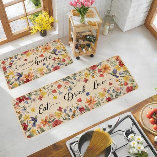 Baccessor Home Sweet Home Floral Kitchen Mats Set of 2,Spring Summer Hummingbird Flowers Kitchen Rugs Absorbent Non Slip Low-Profile Washable for Floor Home Decor 17x29 and 17x47 Inch - Image 5
