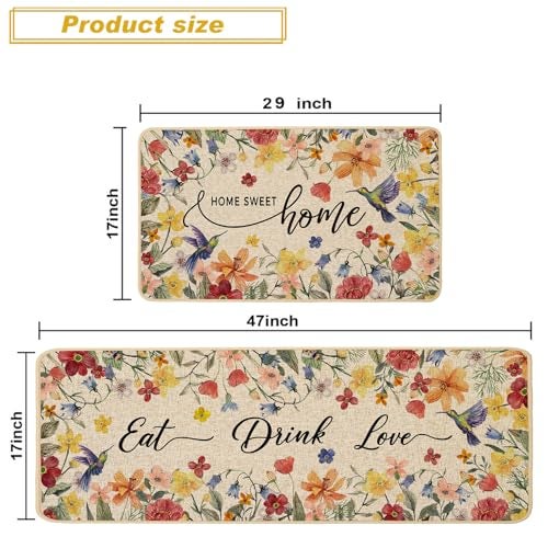 Baccessor Home Sweet Home Floral Kitchen Mats Set of 2,Spring Summer Hummingbird Flowers Kitchen Rugs Absorbent Non Slip Low-Profile Washable for Floor Home Decor 17x29 and 17x47 Inch - Image 4