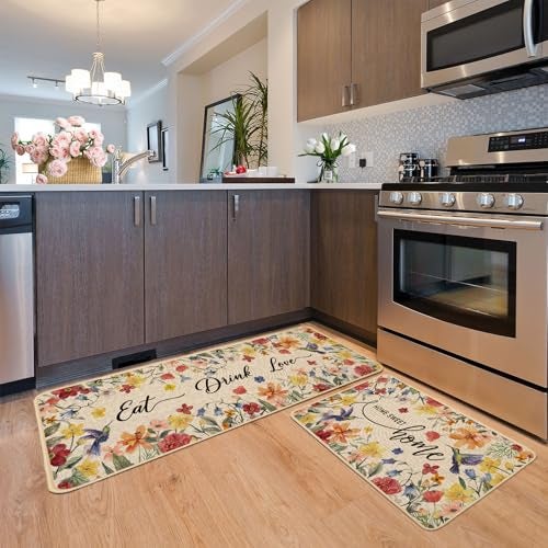 Baccessor Home Sweet Home Floral Kitchen Mats Set of 2,Spring Summer Hummingbird Flowers Kitchen Rugs Absorbent Non Slip Low-Profile Washable for Floor Home Decor 17x29 and 17x47 Inch - Image 2