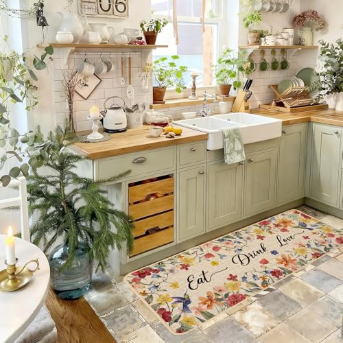 Baccessor Home Sweet Home Floral Kitchen Mats Set of 2,Spring Summer Hummingbird Flowers Kitchen Rugs Absorbent Non Slip Low-Profile Washable for Floor Home Decor 17x29 and 17x47 Inch - Image 3