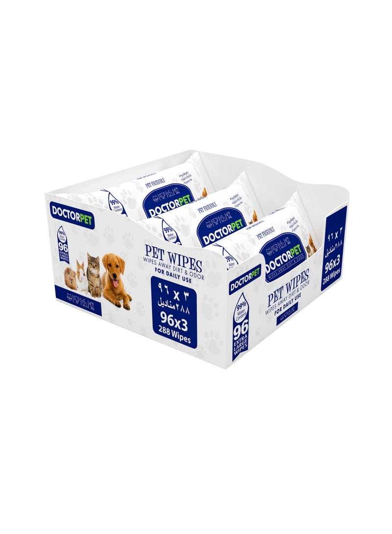DOCTERPET Doctor Pet Wipes 96's (Pack of 3) – 99% Water Content,Fragrance Free,Hypoallergenic, Extra Large Wipes for Daily Cleansing 288 Wipes - Image 1