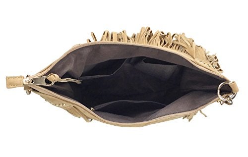 HOXIS Studded Tassel Faux Suede Leather Hobo Cross Body Chain Shoulder Bag Womens Satchel (Khaki) - Image 4