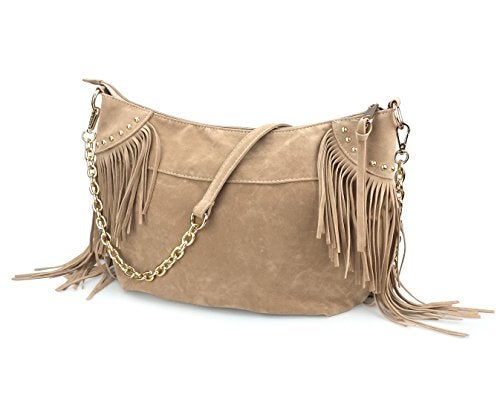 HOXIS Studded Tassel Faux Suede Leather Hobo Cross Body Chain Shoulder Bag Womens Satchel (Khaki) - Image 3