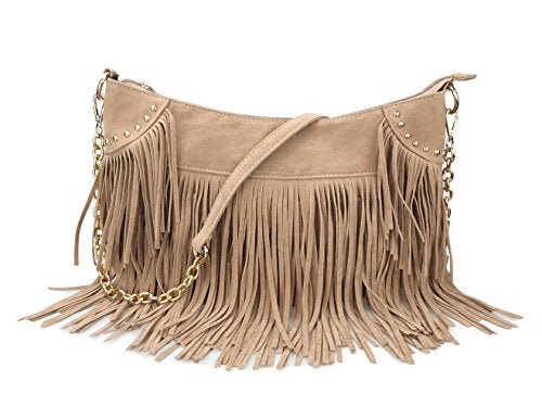 HOXIS Studded Tassel Faux Suede Leather Hobo Cross Body Chain Shoulder Bag Womens Satchel (Khaki) - Image 1