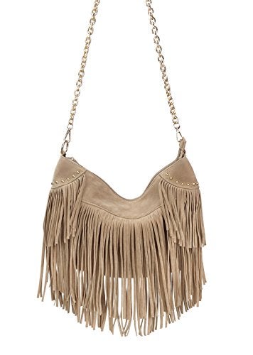HOXIS Studded Tassel Faux Suede Leather Hobo Cross Body Chain Shoulder Bag Womens Satchel (Khaki) - Image 2