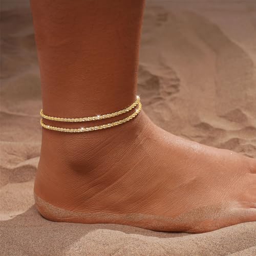 Tasiso Gold/Silver Ankle Bracelets for Women,14K Gold Anklets for Women Waterproof Sparkly Chain Rhinestone Anklets Set Stackable Layered Anklet Bracelets for Women Beach Gold Jewelry Gift - Image 2