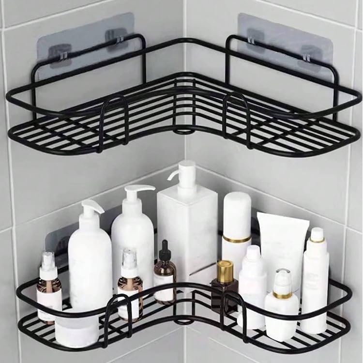 RD ENTERPRISES Metal Corner wall mount Shelf/Shelves,Multi-Purpose Self Adhesive/GI Metal Shelf for Bathroom/Kitchen/Bedroom with Magic Stickers,Storage Accessories- Powder Coated, Black [Pack of 1] - Image 3