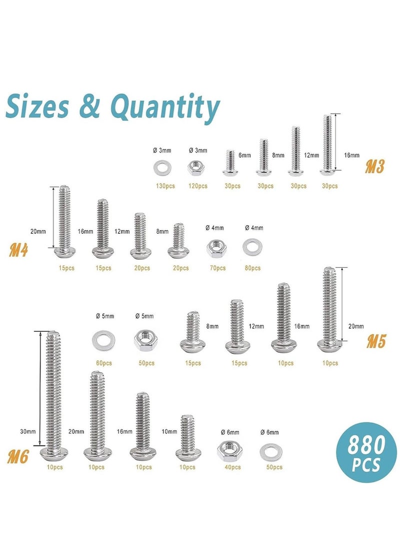 880Pcs M6 M5 M4 M3 Screws Bolts Nuts Lock and Flat Gasket Washers Assortment Kit Stainless Steel Hex Socket on Head Bolts Nuts Washers Kit with 4Pieces Hex Keys for Free included Tool Box - Image 2