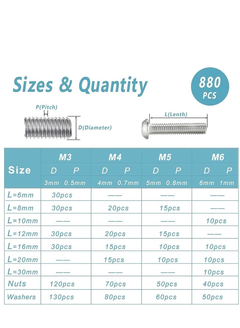 880Pcs M6 M5 M4 M3 Screws Bolts Nuts Lock and Flat Gasket Washers Assortment Kit Stainless Steel Hex Socket on Head Bolts Nuts Washers Kit with 4Pieces Hex Keys for Free included Tool Box - Image 3