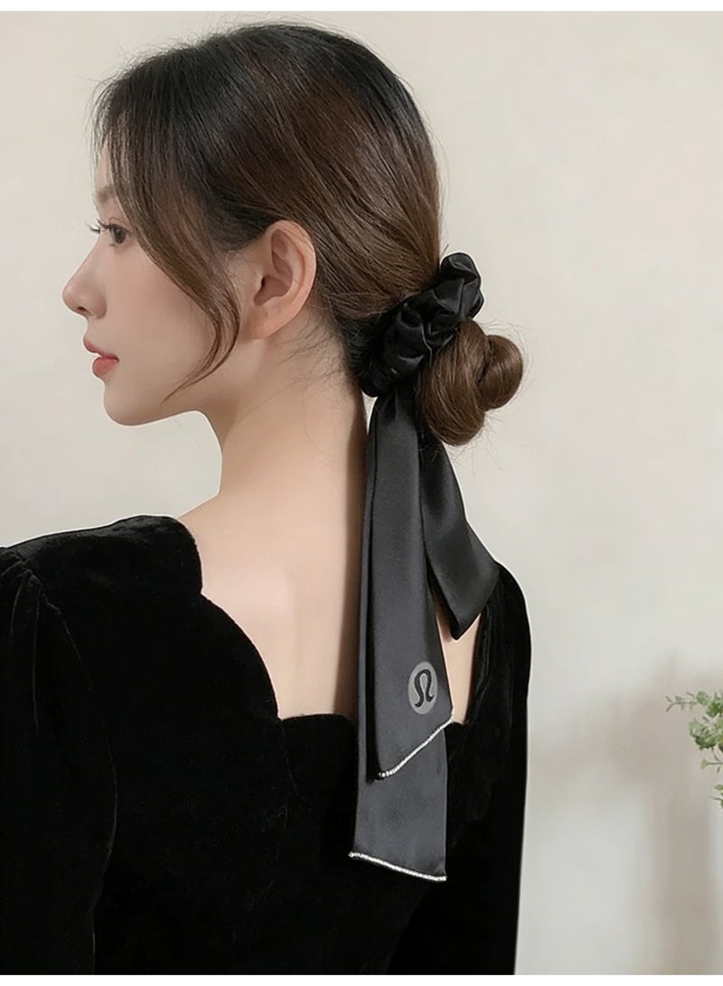 Lululemon Black Satin Scrunchie Scarf - Luxury Silk Hair Tie with Bow Detail & Brand Logo for Styling & Hair Care - Image 5