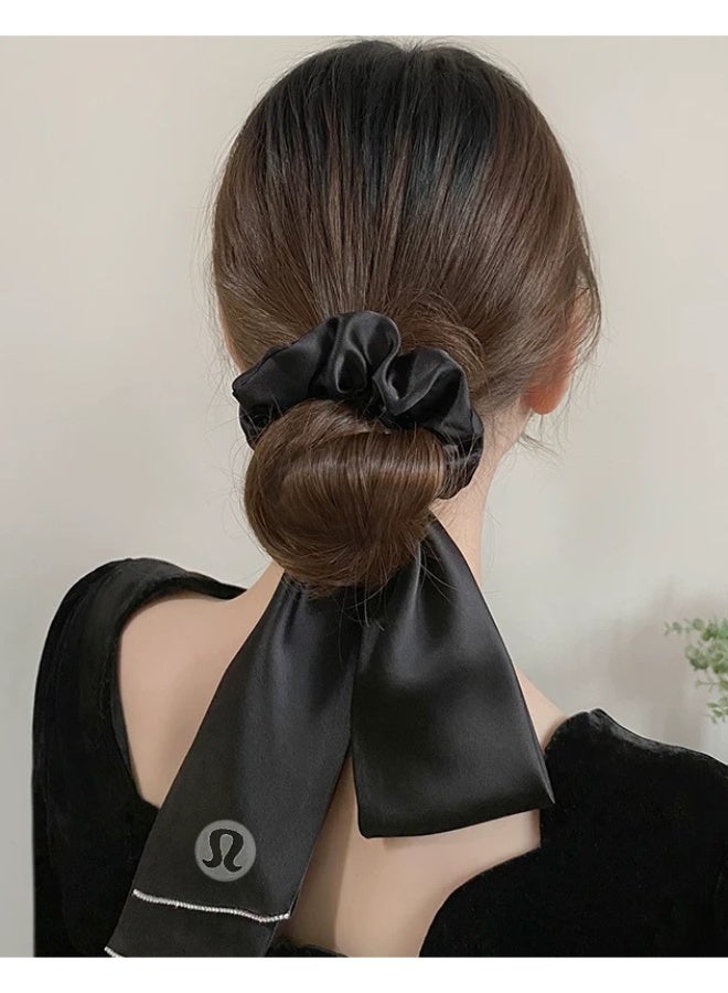 Lululemon Black Satin Scrunchie Scarf - Luxury Silk Hair Tie with Bow Detail & Brand Logo for Styling & Hair Care - Image 2