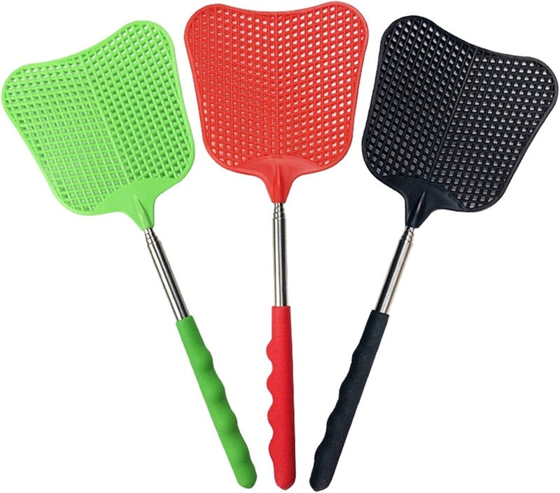 Foxany Fly Swatters Extendable, Durable Plastic Fly Swatter Heavy Duty Set, Telescopic Flyswatter with Stainless Steel Handle for Indoor/Classroom/Office (3 Pack) - Image 1