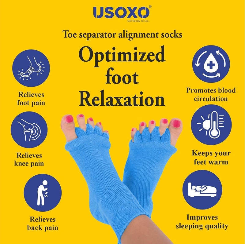USOXO Foot Alignment Socks I Cotton Finger Toe Separator I Easing Bunion Hammertoe And Arthritis Pain Relief I Improving Posture & Increasing Flexibility I Free Size (Sky Blue) - Image 5