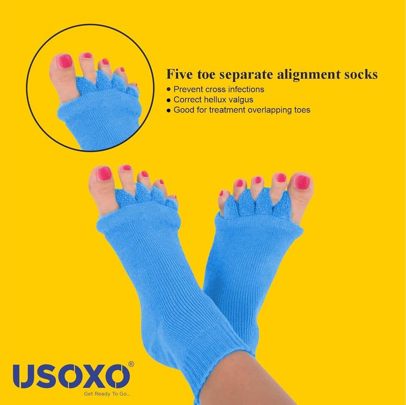 USOXO Foot Alignment Socks I Cotton Finger Toe Separator I Easing Bunion Hammertoe And Arthritis Pain Relief I Improving Posture & Increasing Flexibility I Free Size (Sky Blue) - Image 2