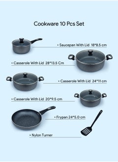 DELICI 10 Piece Granite Coated Cookware Set with White Coating, Premium Non-Stick Aluminum Interior, Includes 3 Pans with Tempered Glass Lid, 16cm Milk Pan with Lid, and 24cm Frying Pan with Spatula  - Image 3
