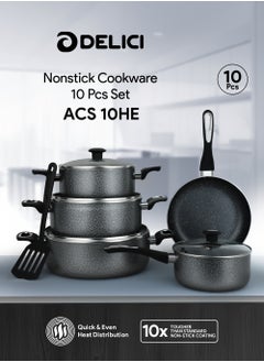 DELICI 10 Piece Granite Coated Cookware Set with White Coating, Premium Non-Stick Aluminum Interior, Includes 3 Pans with Tempered Glass Lid, 16cm Milk Pan with Lid, and 24cm Frying Pan with Spatula  - Image 2