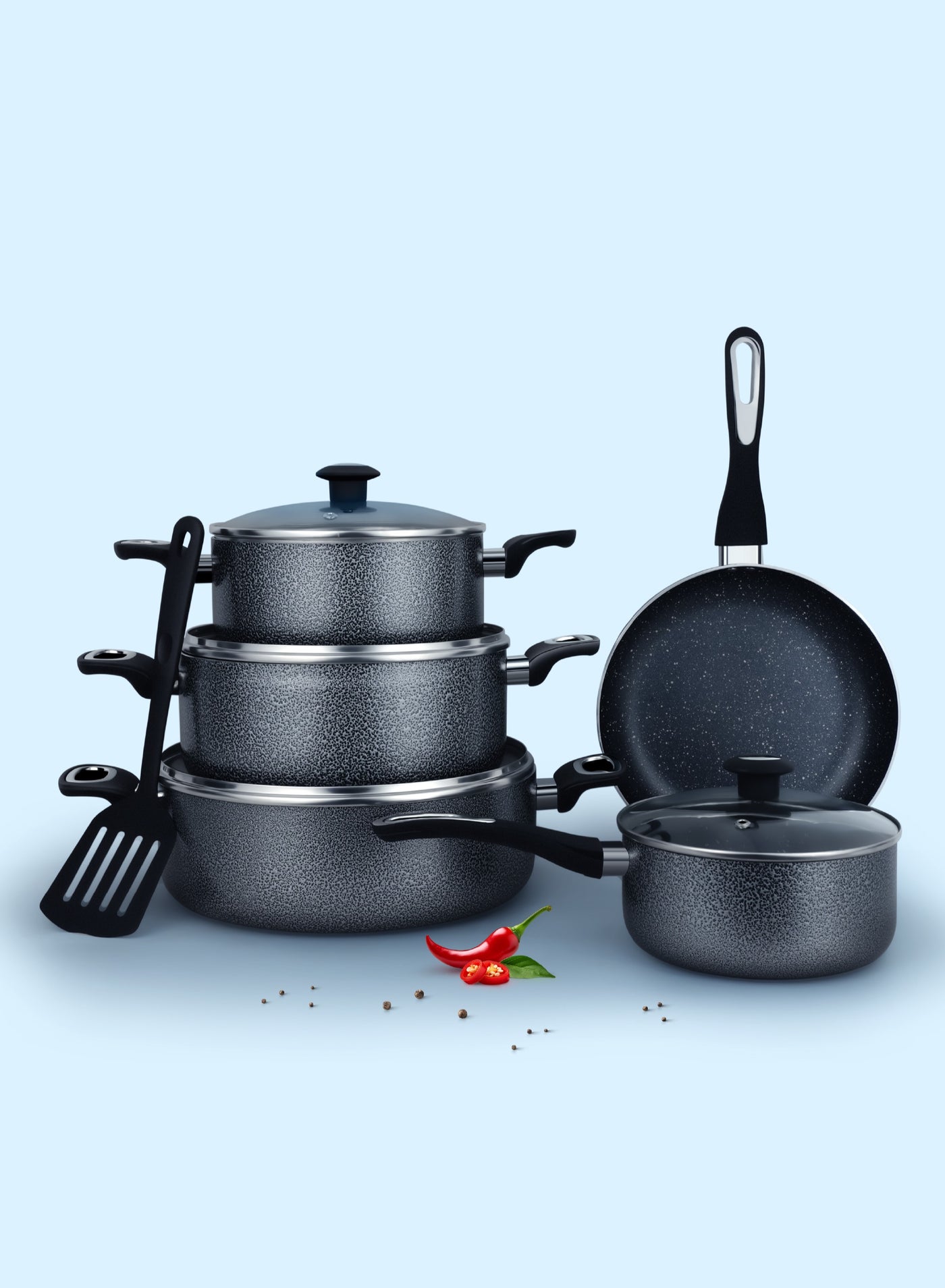 DELICI 10 Piece Cookware Set Granite Coated with White Coating, Premium Non-Stick Aluminum Interior, Includes 3 Pans with Tempered Glass Lid, 16cm Milk Pan with Lid, and 24cm Frying Pan with Spatula F