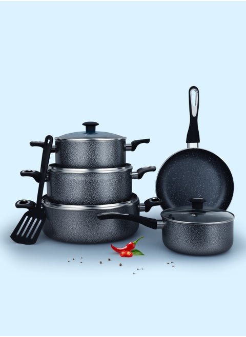 10 Piece Granite Coated Cookware Set with White Coating, Premium Non-Stick Aluminum Interior, Includes 3 Pans with Tempered Glass Lid, 16cm Milk Pan with Lid, and 24cm Frying Pan with Spatula