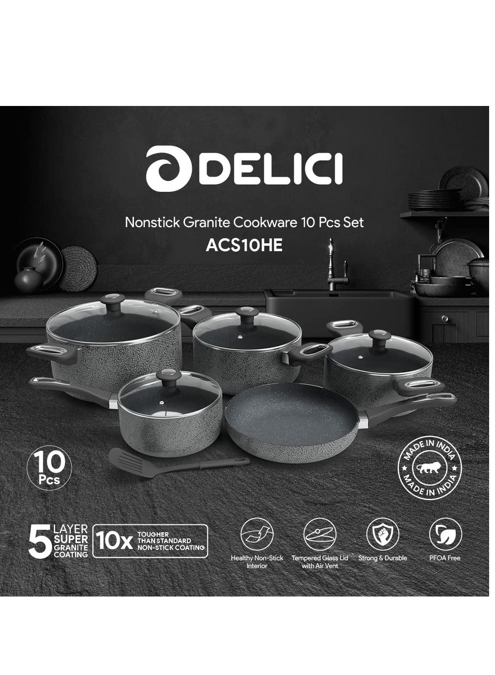 DELICI ACS10HE 10Pcs Nonstick Granite Cookware Set with 5 layer Super Coating, Medium 