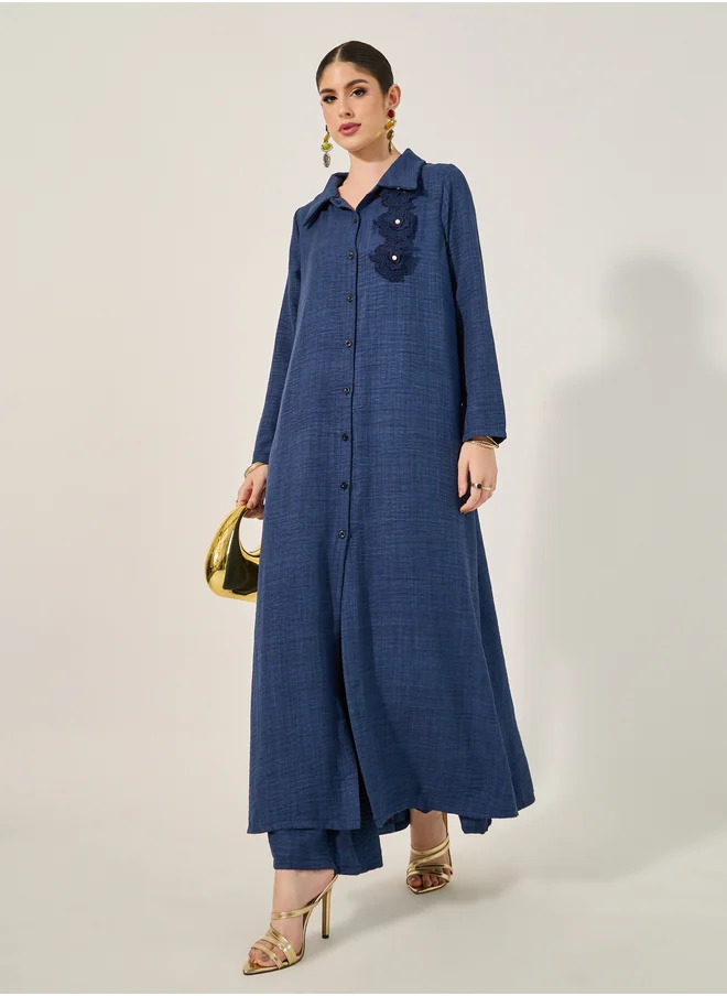 Styli Collared Lace Detail Buttoned Maxi Shirt and Trousers Set