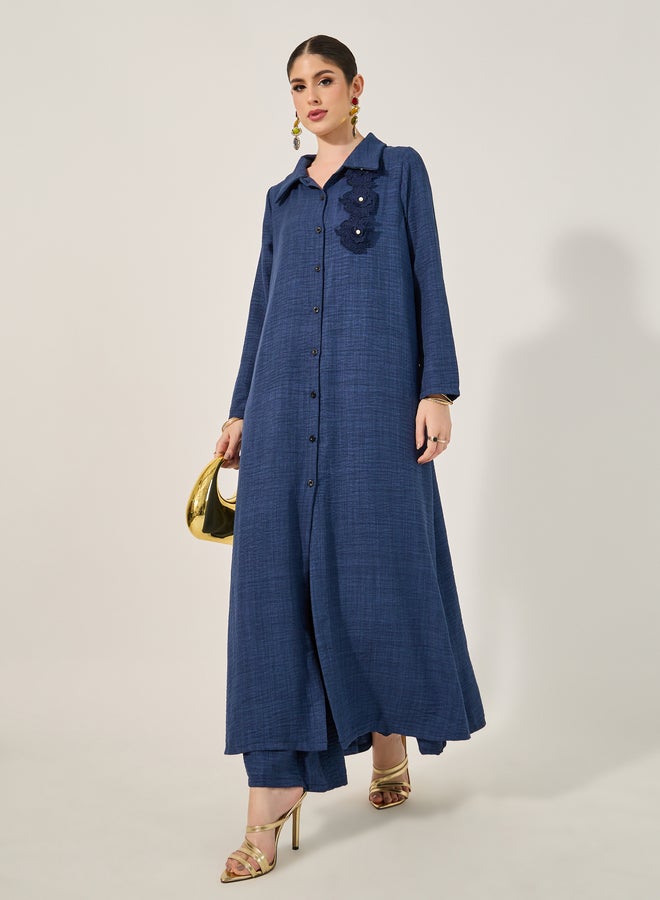 Styli Collared Lace Detail Buttoned Maxi Shirt and Trousers Set - Image 1