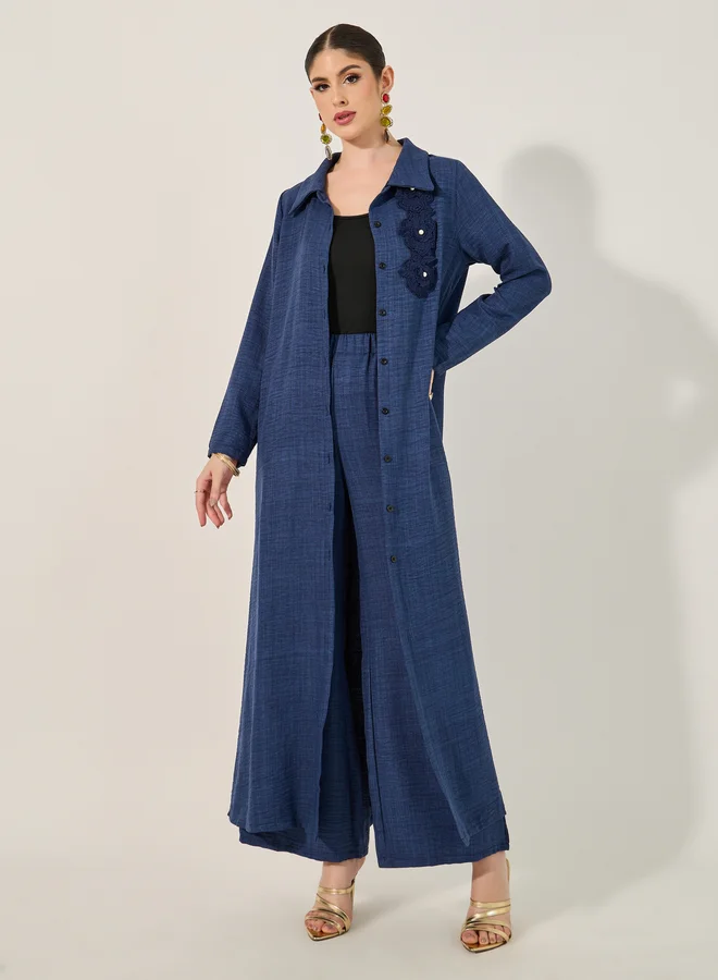 Styli Collared Lace Detail Buttoned Maxi Shirt and Trousers Set
