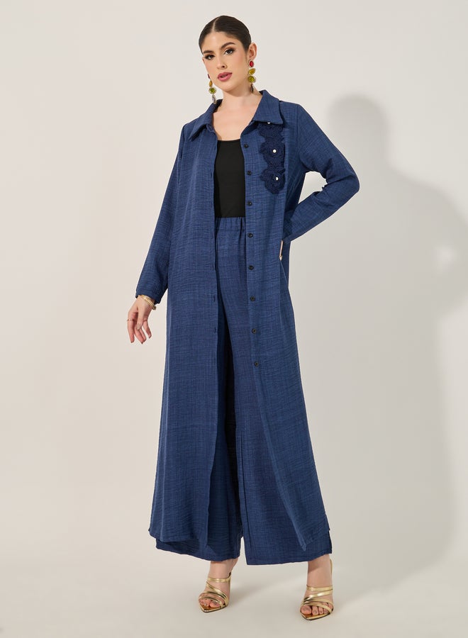 Styli Collared Lace Detail Buttoned Maxi Shirt and Trousers Set - Image 4