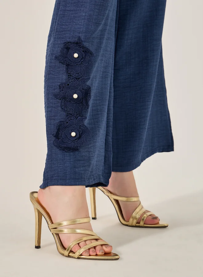 Styli Collared Lace Detail Buttoned Maxi Shirt and Trousers Set