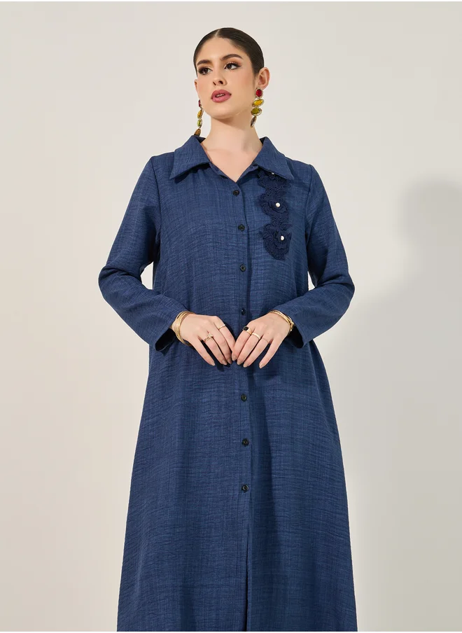 Styli Collared Lace Detail Buttoned Maxi Shirt and Trousers Set