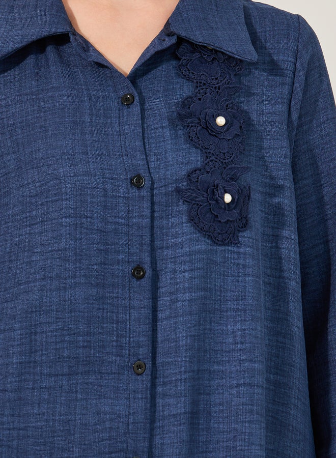Styli Collared Lace Detail Buttoned Maxi Shirt and Trousers Set - Image 3