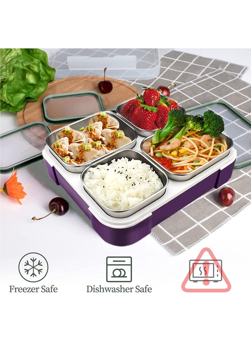 Yooyee Stainless Steel Lunch Box for Kid School, Insulated Bento Lunch Box with Bag, 4 Compartment Divided Lunch Containers with Lids, Leakproof, BFA Free, Dishwasher Safe,  1060ML Purple  - Image 3