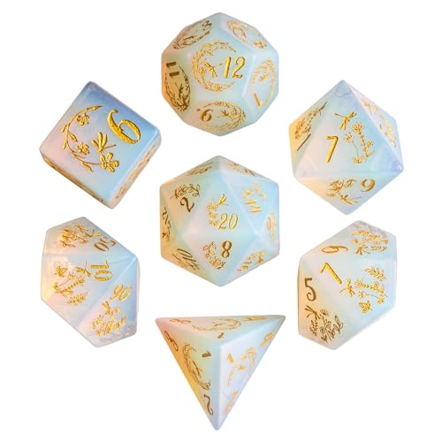 UDIXI Opal Stone DND Dice Set 7PCS Gemstone Dice Set DD with Gift Case for Role Playing Games Dragonfly and Flower - Image 1