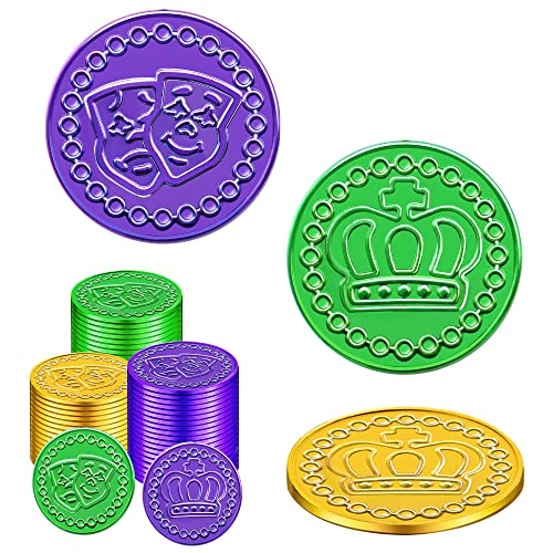 SpinLaLa 100 Count Mardi Gras Plastic Coins Assorted Purple Green Gold Coins for Mardi Gras Decorations Parade Party Favors Play Coins for Party Theme Props Decoration - Image 1