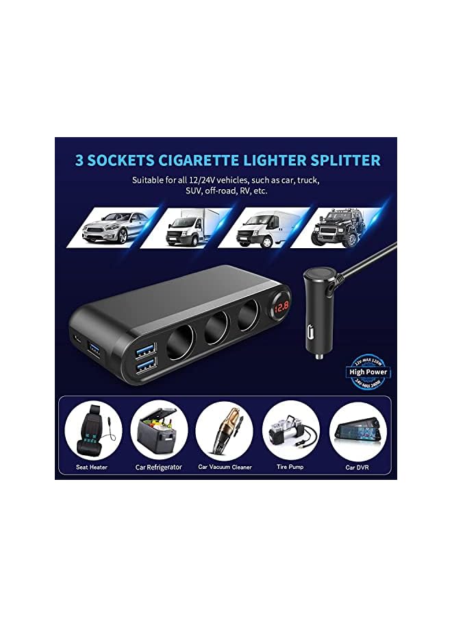Excefore Charger, 200W Cigarette Lighter Splitter 3 Socket with PD3.0(20W) USB C QC3.0(18W) Car Charger, LED Display Voltage, 12V/24V Car Splitter Adapter with Extension Cord - Image 2