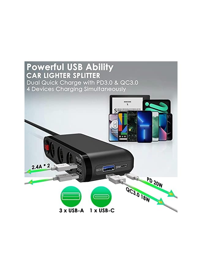 Excefore Charger, 200W Cigarette Lighter Splitter 3 Socket with PD3.0(20W) USB C QC3.0(18W) Car Charger, LED Display Voltage, 12V/24V Car Splitter Adapter with Extension Cord - Image 5