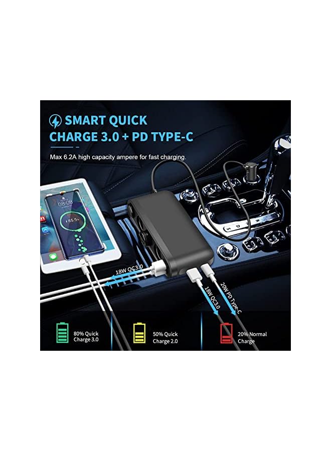 Excefore Charger, 200W Cigarette Lighter Splitter 3 Socket with PD3.0(20W) USB C QC3.0(18W) Car Charger, LED Display Voltage, 12V/24V Car Splitter Adapter with Extension Cord - Image 3