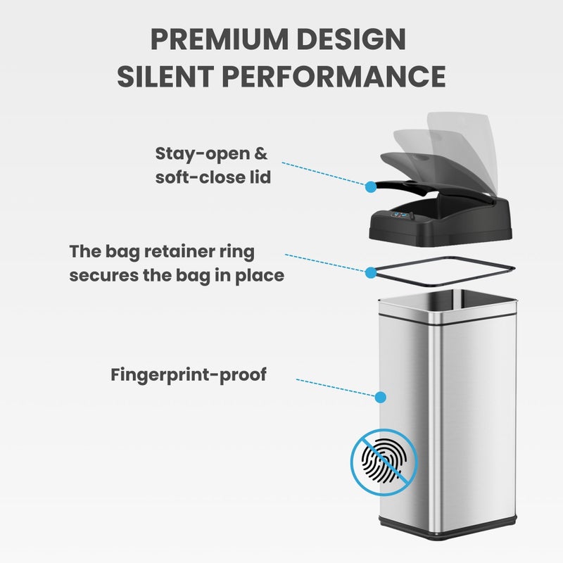 iTouchless 13 Gallon Patented Sensor Trash Can with AC Adapter & Odor Filter, Original Inventor 50L Automatic Kitchen Garbage Bin, Fingerprint-Proof Stainless Steel, Pet-Proof Lock, Soft-Close, Silver - Image 5