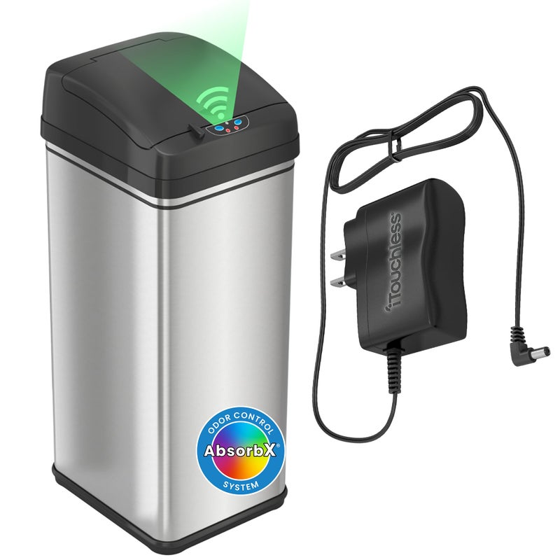 iTouchless 13 Gallon Patented Sensor Trash Can with AC Adapter & Odor Filter, Original Inventor 50L Automatic Kitchen Garbage Bin, Fingerprint-Proof Stainless Steel, Pet-Proof Lock, Soft-Close, Silver - Image 1