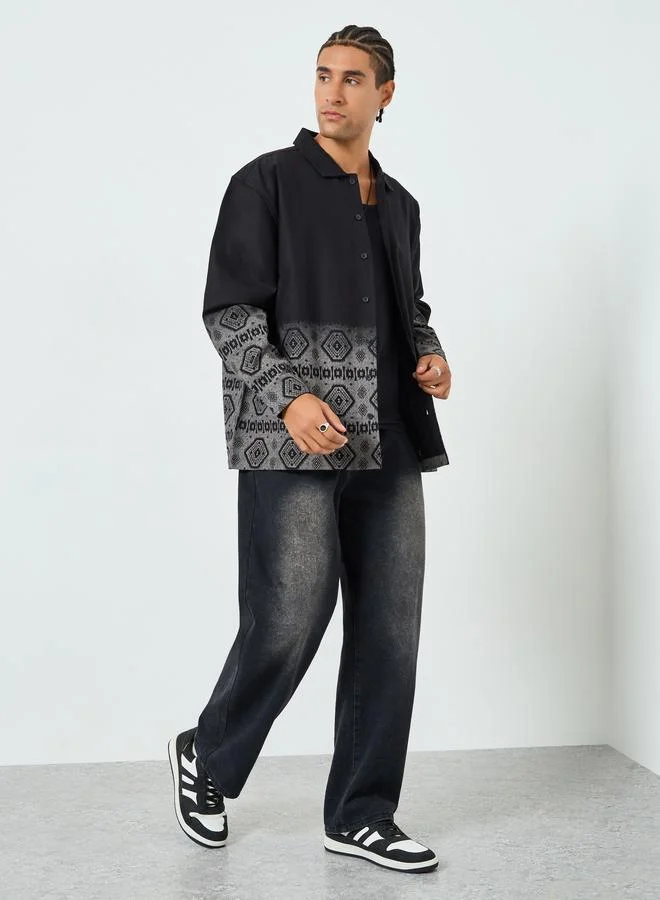 ستايلي قميص قطن بطبعة هندسية قصة واسعة للرجال