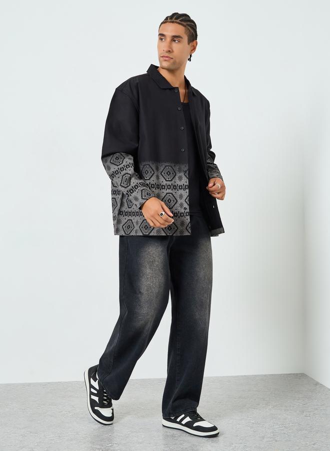 ستايلي قميص قطن بطبعة هندسية قصة واسعة للرجال - Image 2