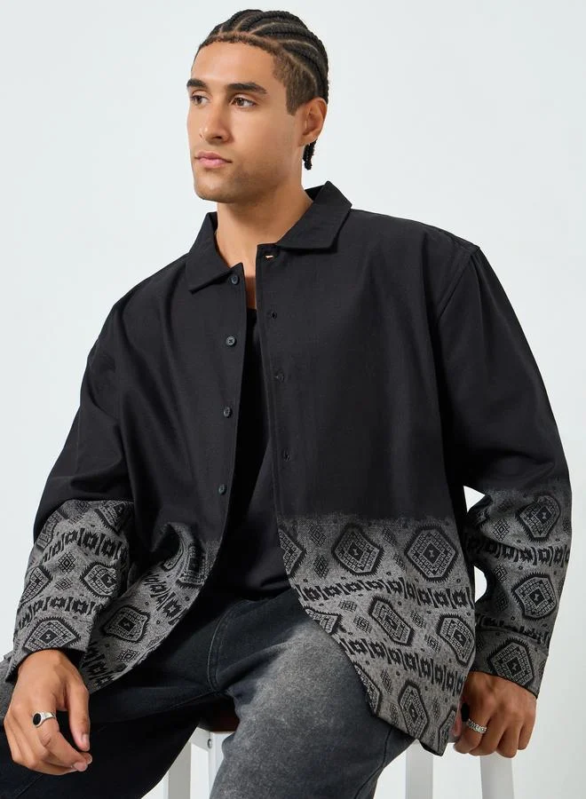 Styli  Men Black Oversized Geo Print Cotton Shirt for Men | Best Price UAE