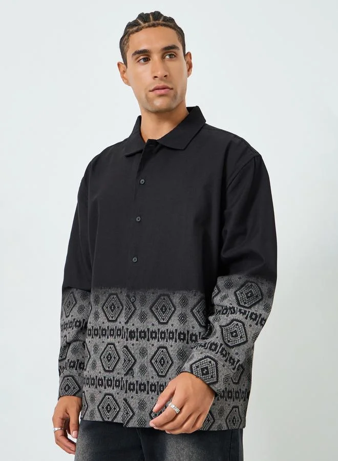 ستايلي قميص قطن بطبعة هندسية قصة واسعة للرجال