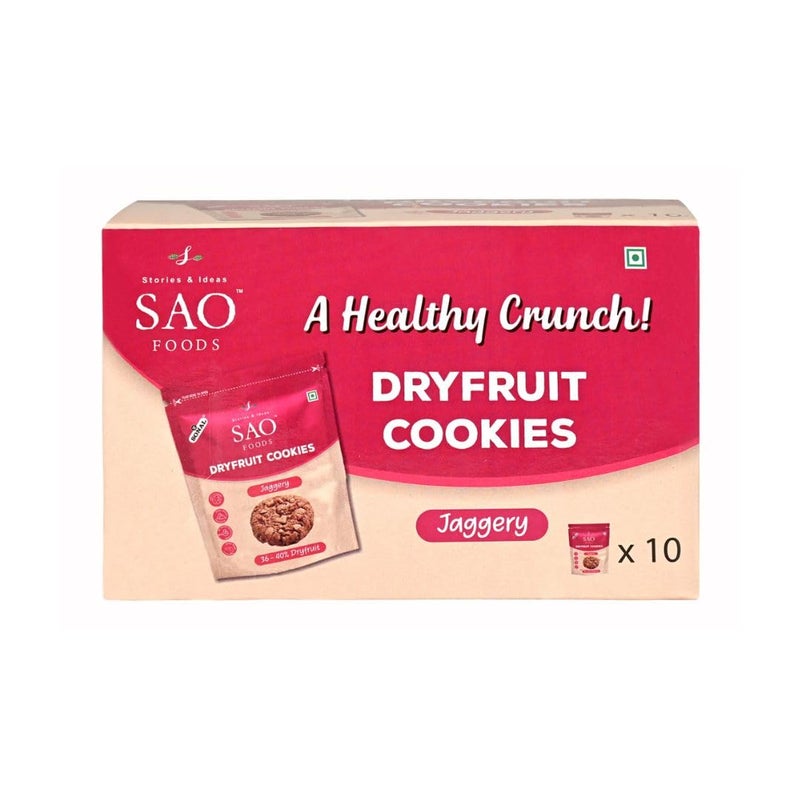 SAO Foods Dry Fruit Cookies with Jaggery - 10.6 oz | Pack of 10 Small Packs | Healthy Handmade Indian Cookies with 0% Sugar & Maida for Anytime Snacking - Image 1