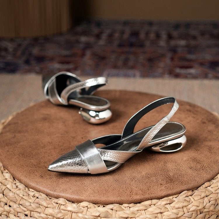 French Fashion Silver Toe Sandals Women'S 2024 Thick Heeled Shallow Point Toe Shoes With Skirt - Image 2