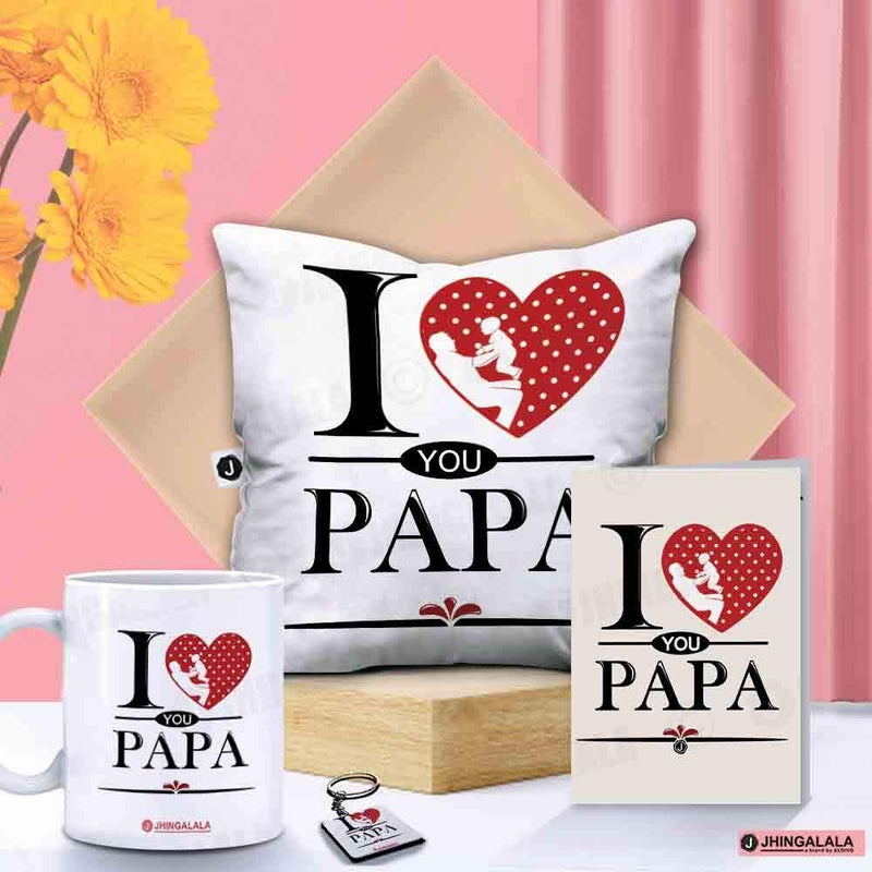 Jhingalala Jhingalala Gift for Father I Love You Papa Printed Cushion with Filler Coffee Mug Key Chain Greeting Card Combo Gifts for Father Papa Dad on Birthday Fathers Day - Image 1