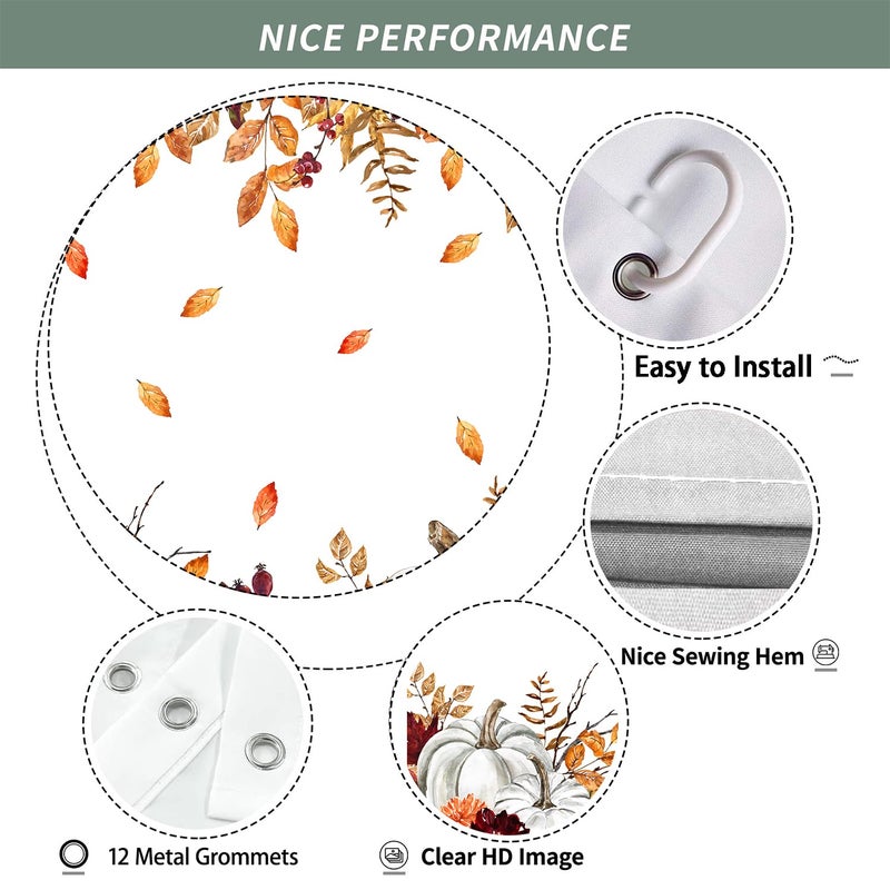 iTapnoom Fall Pumpkins Maple Leaf Shower Curtain  Autumn Leaves Harvest Thanksgiving Farmhouse Watercolor Seasonal Bathroom Curtain Sets  Waterproof Fabric Polyester with Hooks  72x72 White - Image 5